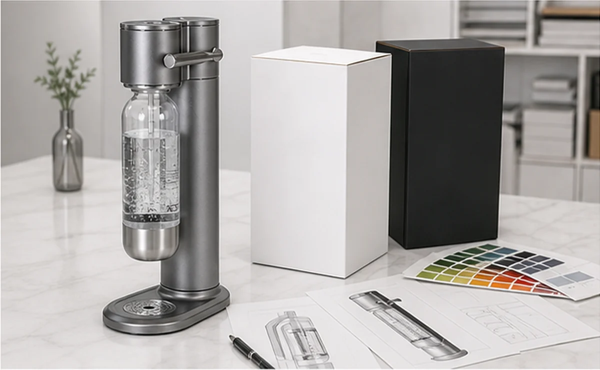Private label soda maker packaging review with color swatches and design sheets