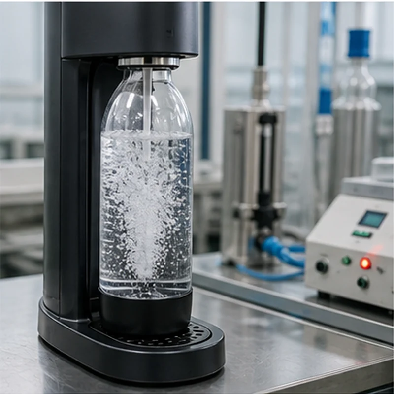 Carbonation test with soda maker bottle and water bubbles