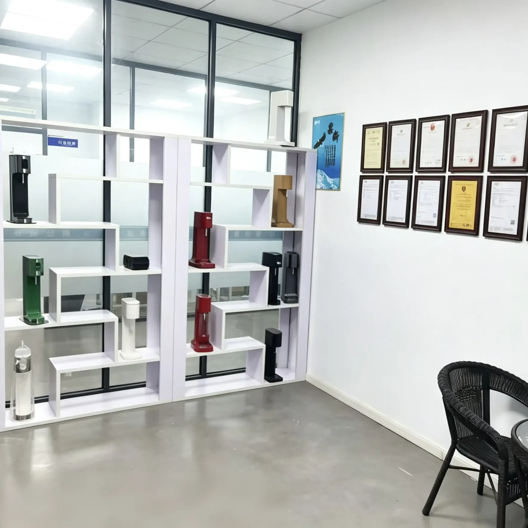 Miracle Soda sample room shelves and certificate wall for OEM buyers